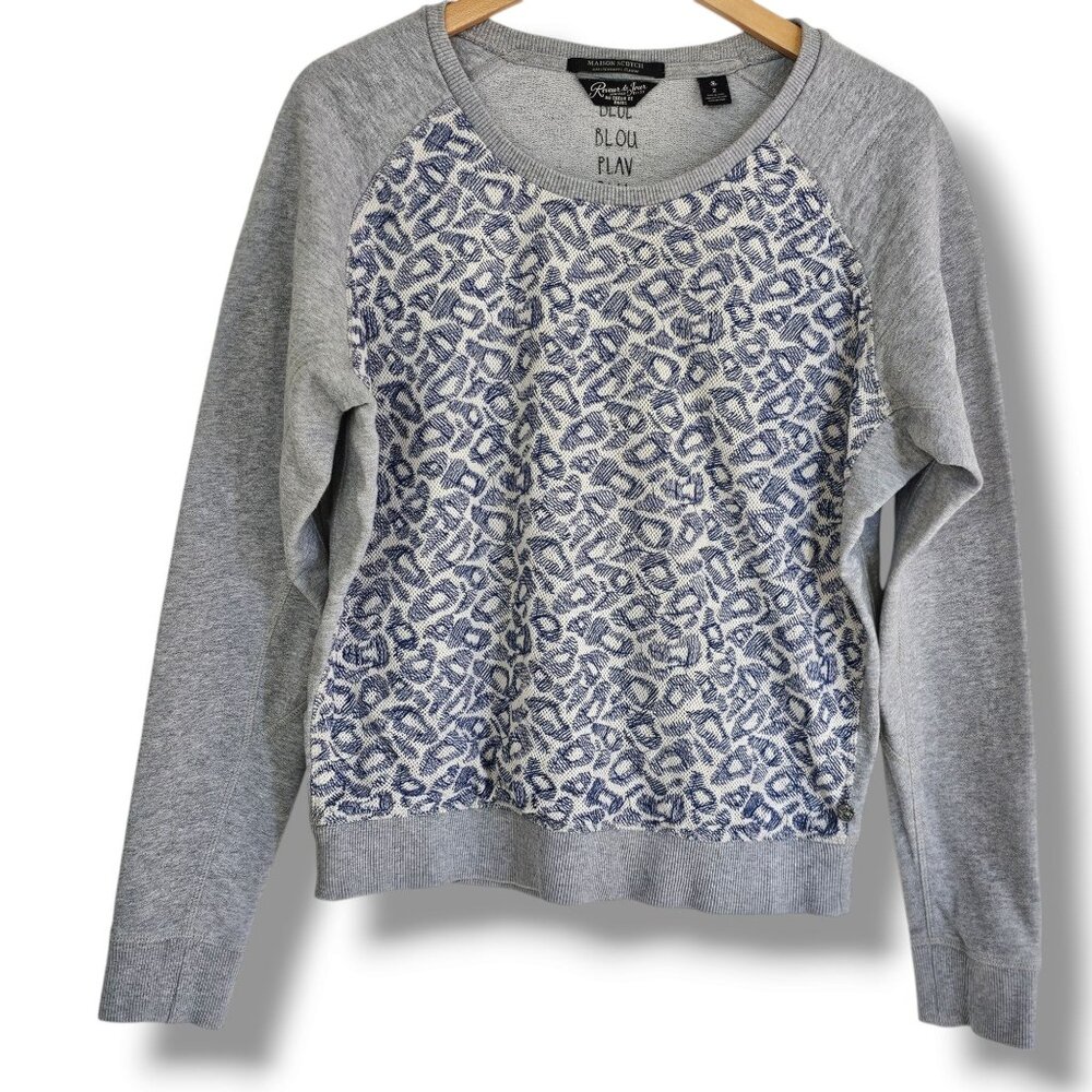 Maison Scotch Sweatshirt Womens 2 US S Grey Blue White Abstract Print Round Neck